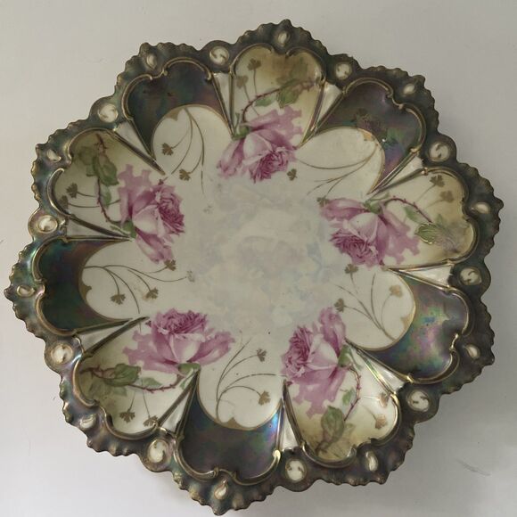 Vintage Hand-Painted Floral Porcelain Plate Pink Roses Scalloped Edge Iridescent - Picture 2 of 13
